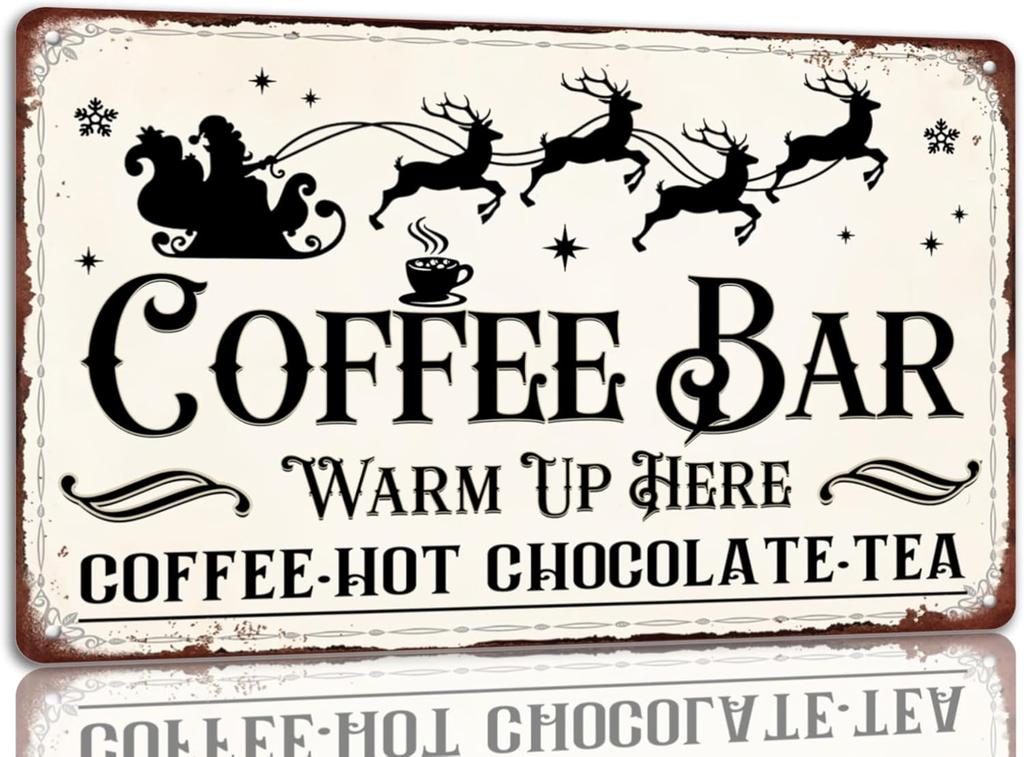 Coffee Bar Warm Up Here Tin Sign Vintage Christmas Metal Signs Funny Christmas Wall Art Decor For Home Cafe Bar