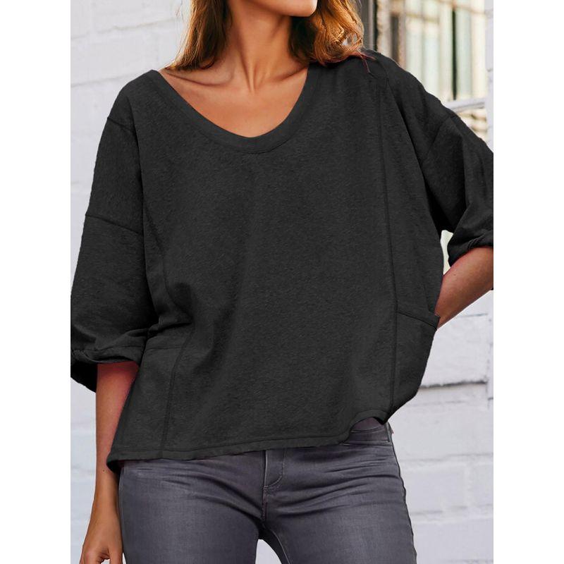 US Shiying Simple and Versatile V-neck Short sleeve T-shirt Women 2025 Summer New Solid Loose Pullover Women