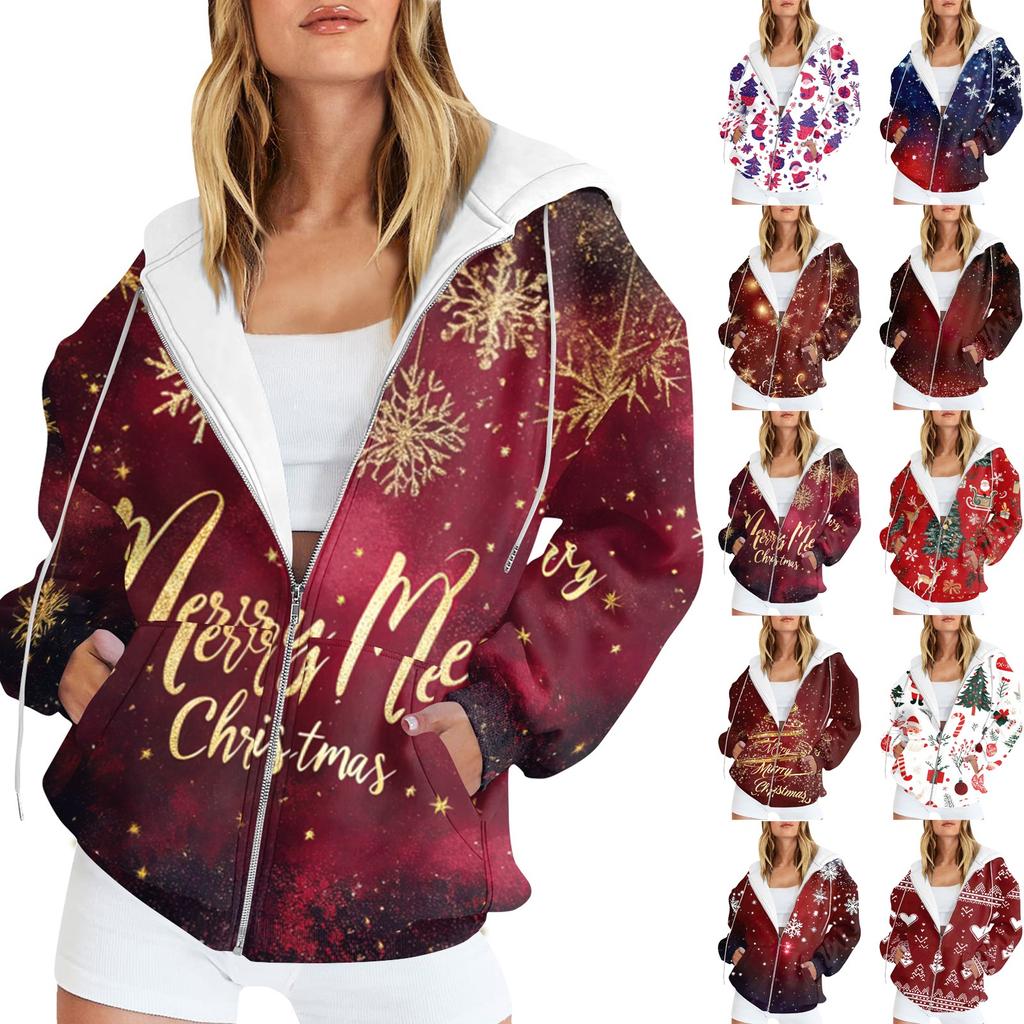 Ladies Fashion Casual Christmas Print Sweatshirt  Winter Long Sleeve Cardigan Jacket With Pocket Zipper Hoodie Jacket
