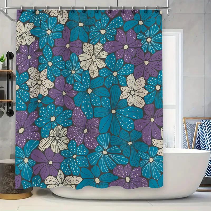 Floral Shower Curtain Blue Purple Design for Bathroom Decor Waterproof Fabric Splash Backdrops Decoration with Rod Pocket Rings
