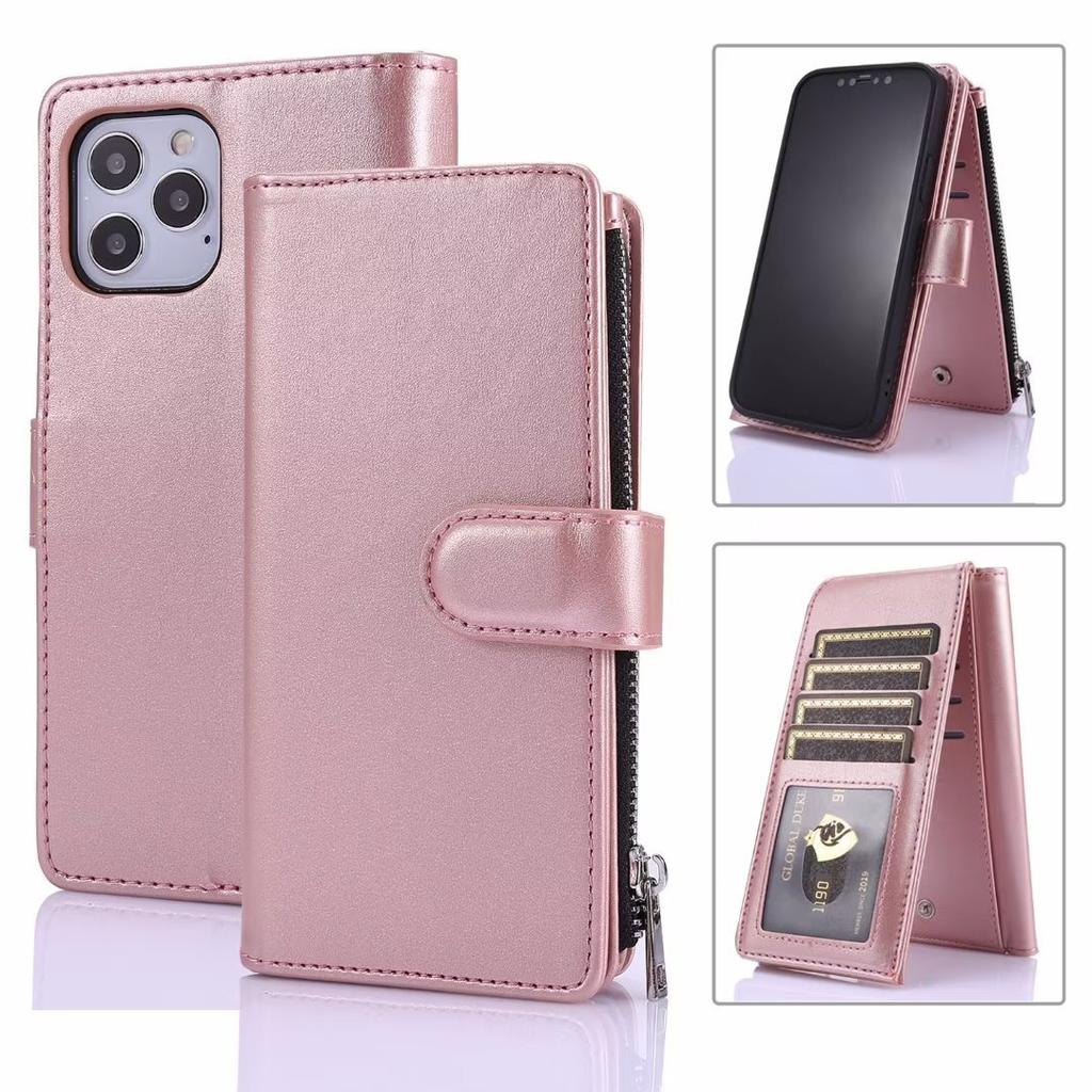 Applicable to iPhone14 mobile phone leather case 13Pro solid color nine-card zipper wallet protective case 12ProMax case