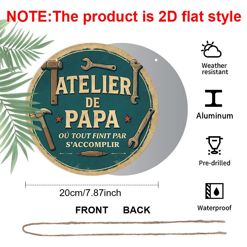 2D Flat - A 2D Flat, Round French Aluminum Sign Featuring a Vintage Plaque about 'Dad'S Workshop', Suitable for Decorating Garages, Studios, Home
