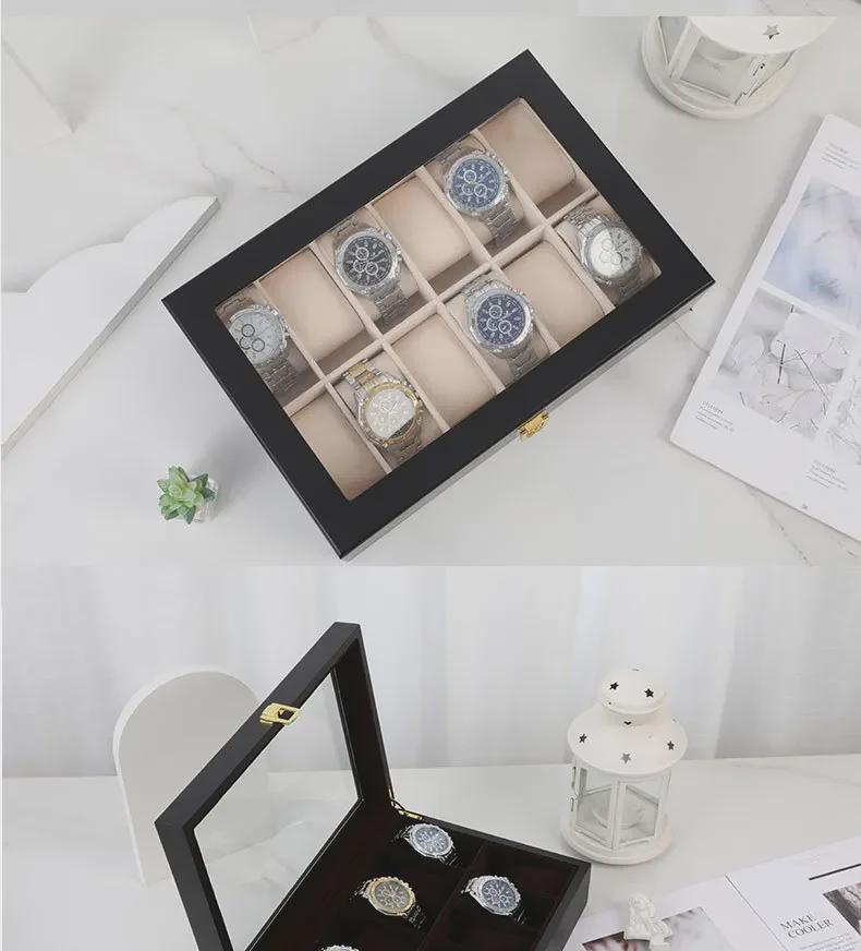 Luxusní dřevěná krabička na hodinky v evropském stylu s průhledným odklápěcím víkem a přezkou, červený 12místný displej