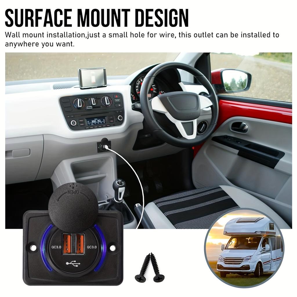 Professional Dual QC3.0 Fast Charger Panel Mount Socket 12-24V - Quick Charge 3.0 for Cars, Trucks & Marine with LED Indicator