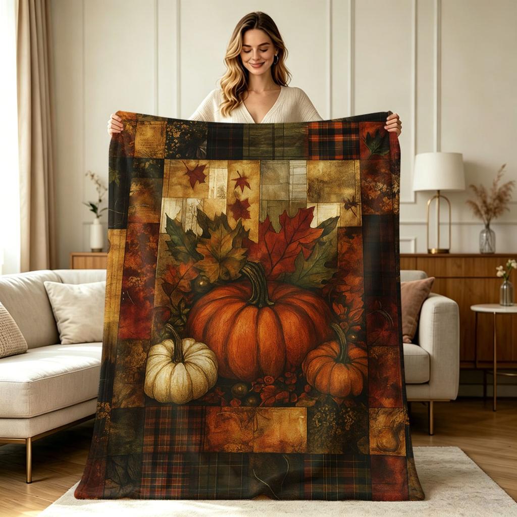 Soft Warm Flannel Throw Blanket with Vintage Fall Pumpkin Maple Leaf Patchwork Print for Couch Sofa Bed Living Room Bedroom All Season Cozy Lightweigh