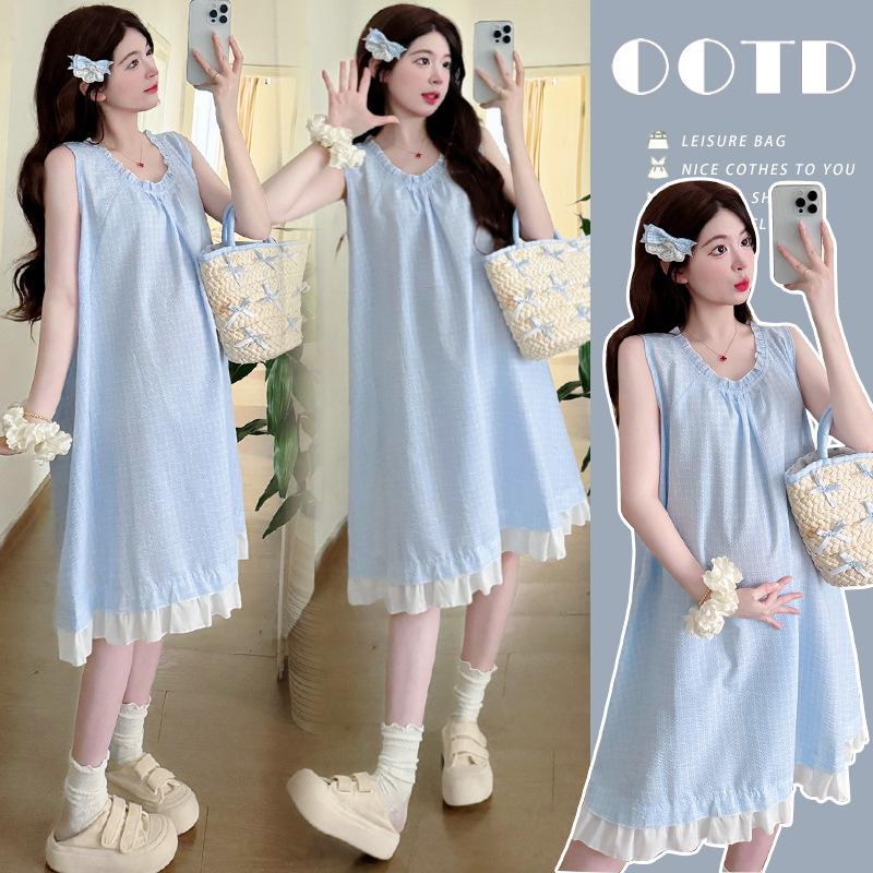 Sky Blue Plaid Sleeveless Maternity Dress - French Style, Loose, Slimming, Mid-Length M
