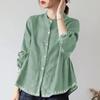 Summer Stand-up Collar Shirt Women's Cotton and Linen Long-sleeved Doll Shirt A-line Loose Belly-covering Blouse Plus Size Women's Clothing