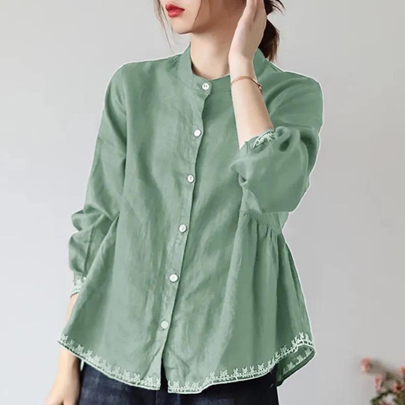 Summer Stand-up Collar Shirt Women's Cotton and Linen Long-sleeved Doll Shirt A-line Loose Belly-covering Blouse Plus Size Women's Clothing