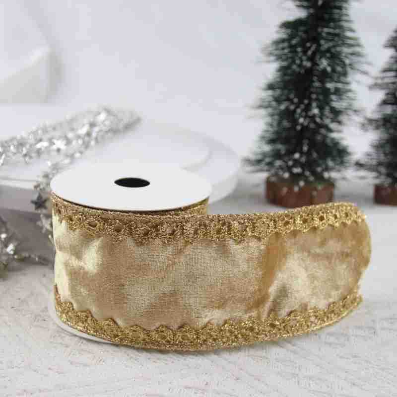 Maßgeschneidertes kabelgebundenes Weihnachts-Samtband mit exquisiter goldener Kante, metallisches Samtband zur Dekoration