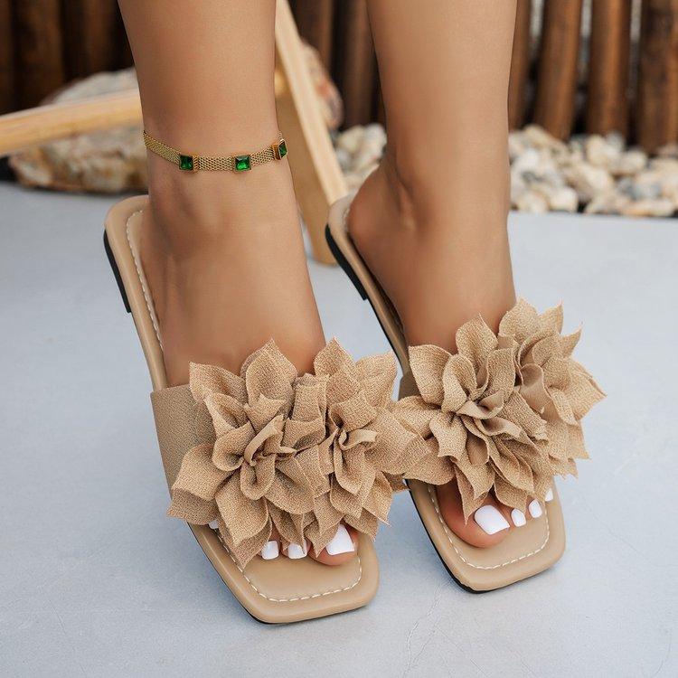 Codzienne Kwadratowe Płaskie Kapcie Damskie, Modne Kapcie Kwiatowe dla Leniwych, Wsuwane Jedną Stopą, Klapki Plażowe z Odkrytymi Palcami