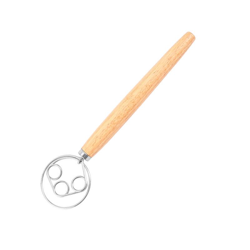 13" Oak Handle Danish Dough Mixer & Egg Beater - Stainless Steel Whisk Tool