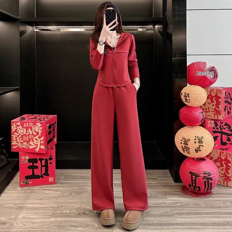 

Chic Red Hooded Casual Sports Suit for Women - Spring/Autumn Slimming Two-Piece Set XXL
