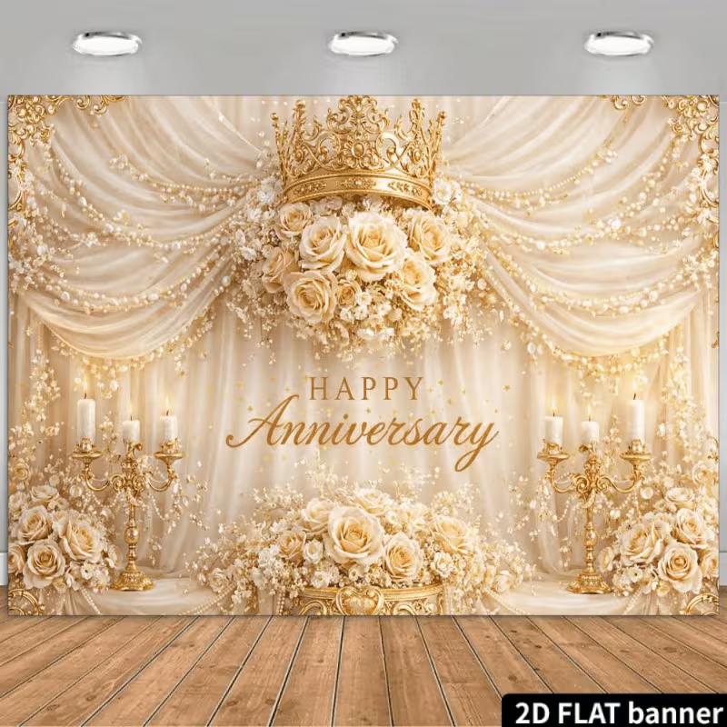 2D Anniversary Gold Crown and Rose Themed Backdrop Photo Background Banner