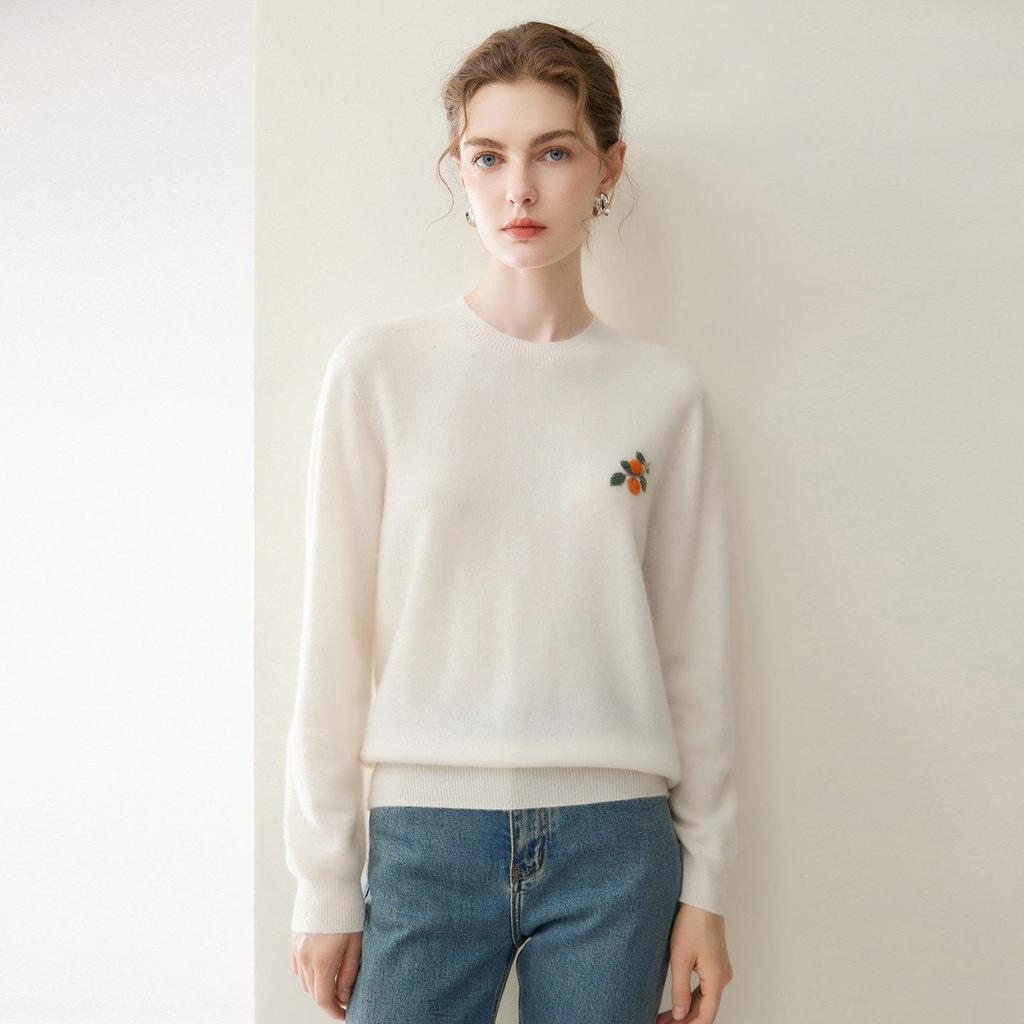 Lekasha 100% Pure Cashmere Embroidered Women's Sweater - Loose Knit Round Neck