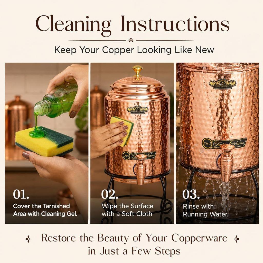 Copper Water Dispenser Set – 5 litres | Hammered Natural Finish | Includes Stand, 2 Glasses & ABS Tap | Ayurvedic Tamra Jal Water Storage Pot