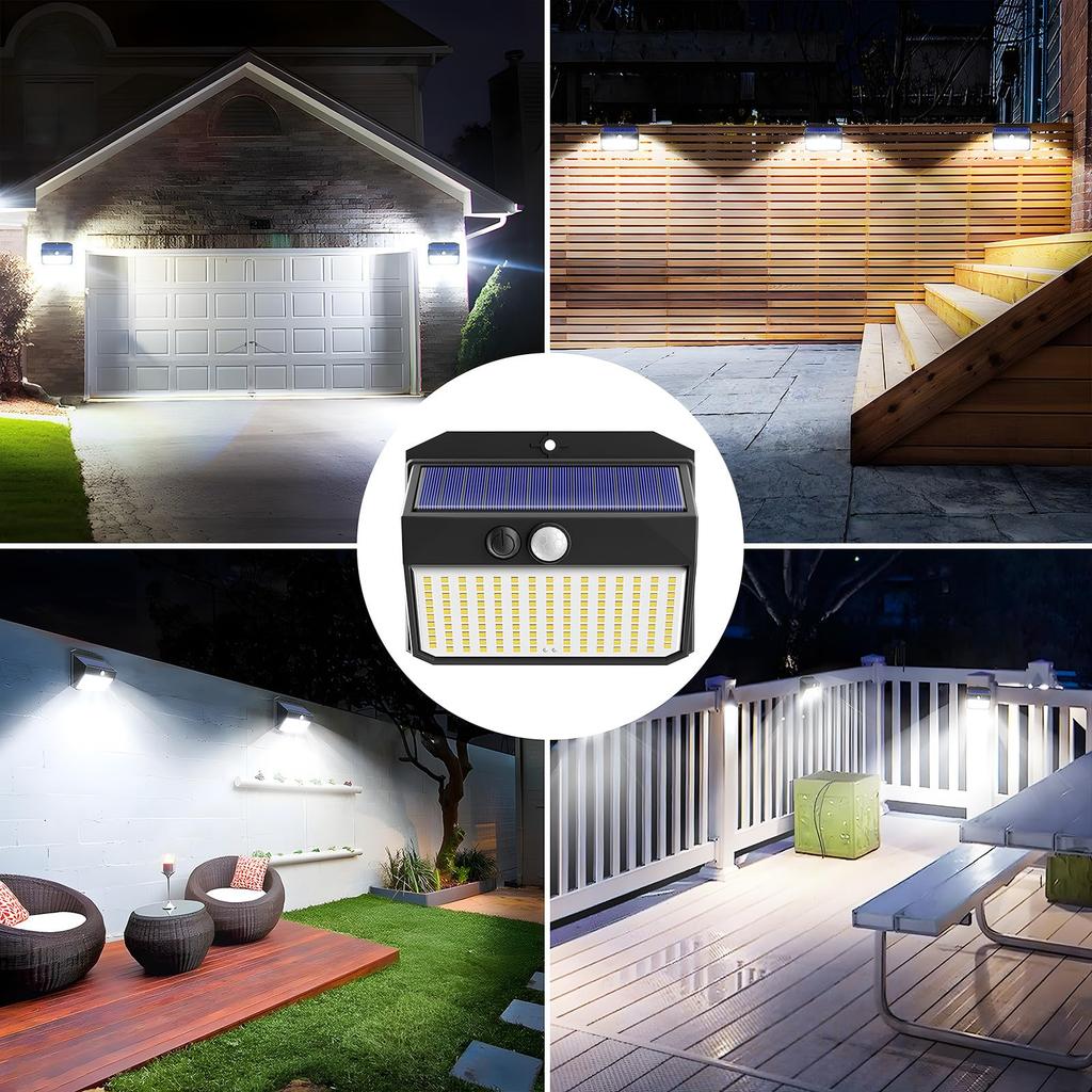CHORTAU Außen Solar Sensorleuchte, 150 LEDs, Hohe Helligkeit, Bewegungssensor, 3 Beleuchtungsmodi, Weißes Licht, IP65 Wasserdicht, Bewegungssensor, Sicherheit