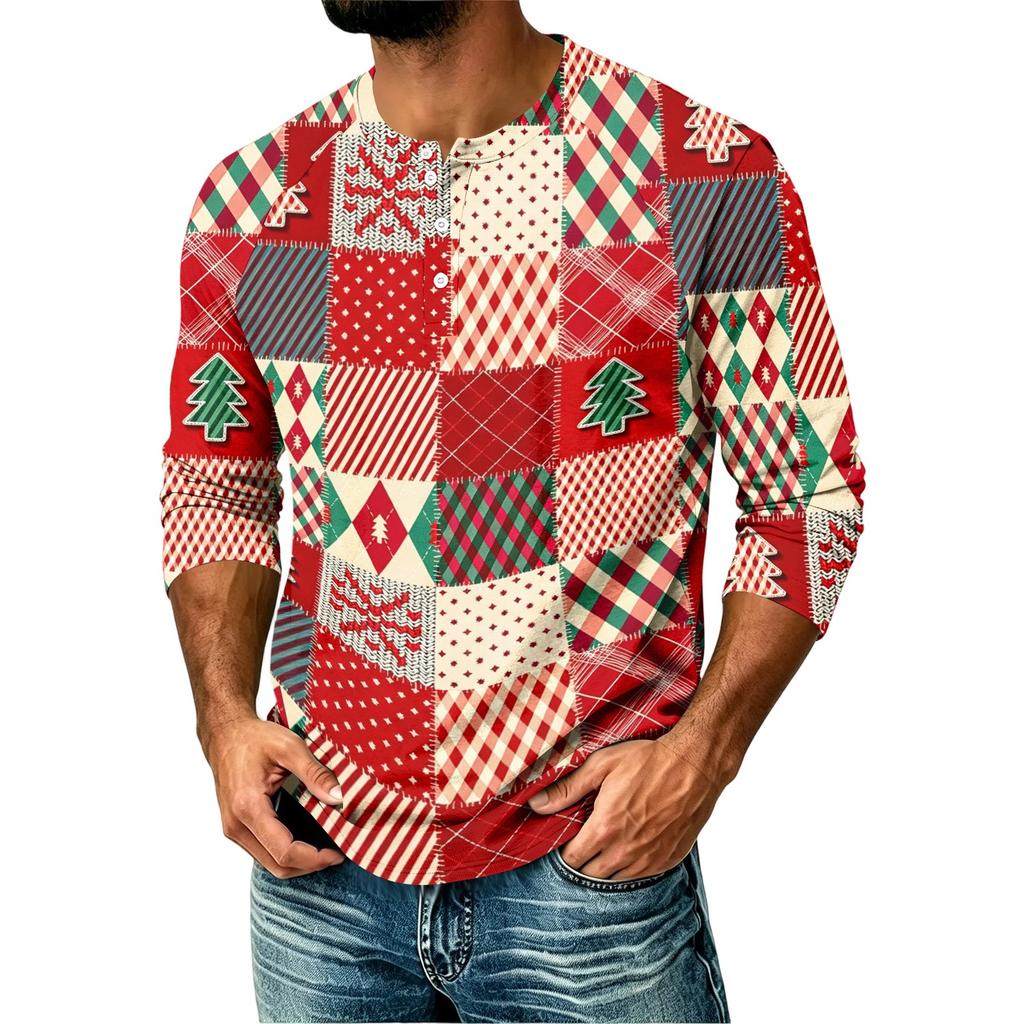 Men's Casual Raglan Three-Quarter Sleeve Shirt with Christmas Print