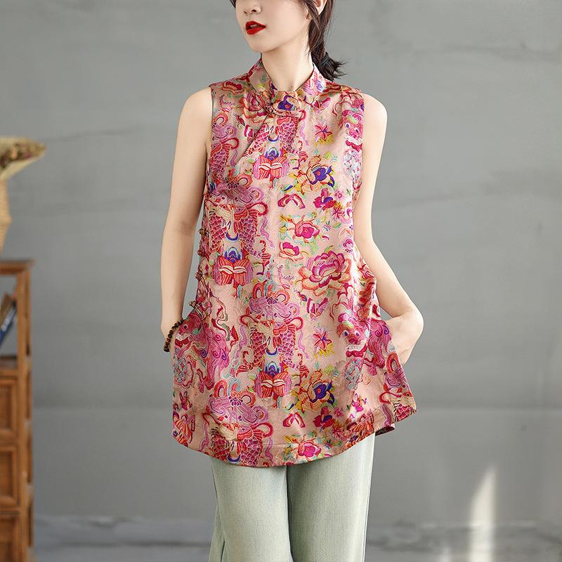9026 Summer New Chinese Style Sleeveless Jacquard Tencel Vest Top for Women