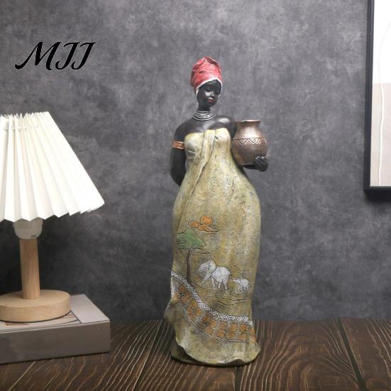 Sitting African Character Lady Figurine, Resin Ethnic Sitting/Standing Woman Statue, Hand-Painted Bohemian Home Decor for Tabletop Art Decoration