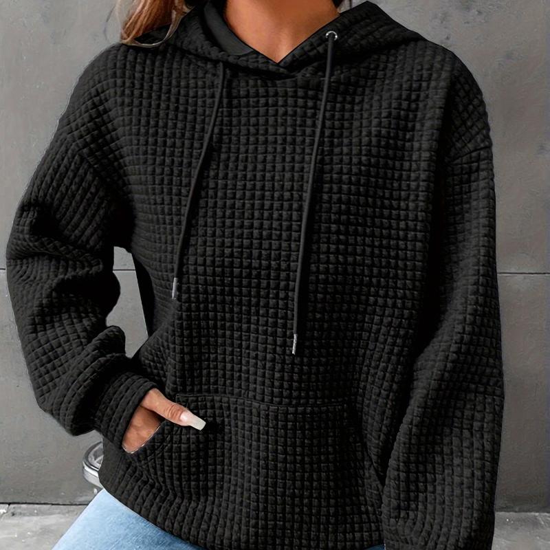 Büyük Beden Günlük Sweatshirt, Kadın Büyük Beden Düz Waffle Desen Uzun Kollu Cepli Bağcıklı Kapüşonlu Sweatshirt
