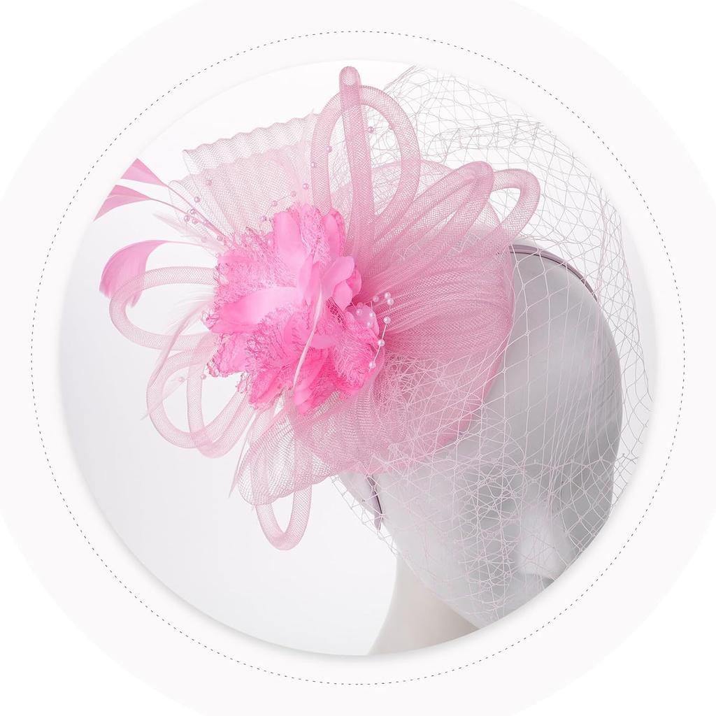 TEHAUX Fascinator Headband with Mesh Flower and Plume, Pink Cocktail Tea Party Hat for Women, Wedding Special Occasion Accessory