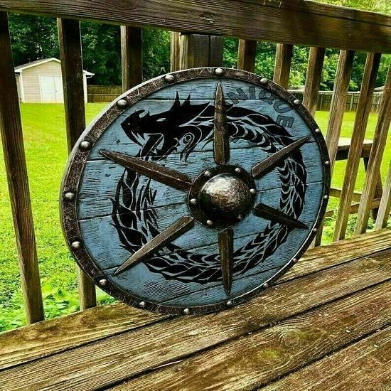 Круглый щит LARP Viking Руны Шлем с скандинавским узором Деревянный