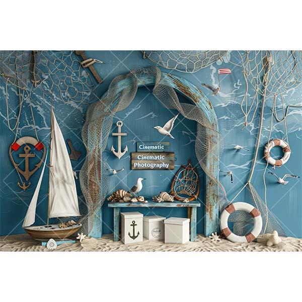 Summer Nautical Photography Background Underwater Pirate Wood Board Sailboat Rudder Boy Kids Birthday Party Decor Photo Backdrop