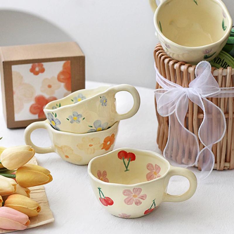 Ceramic Mugs Coffee Cups Hand Pinched Irregular Flower Milk Tea Cup Ins Korean Style Oatmeal Breakfast Mug Drinkware Kitchen