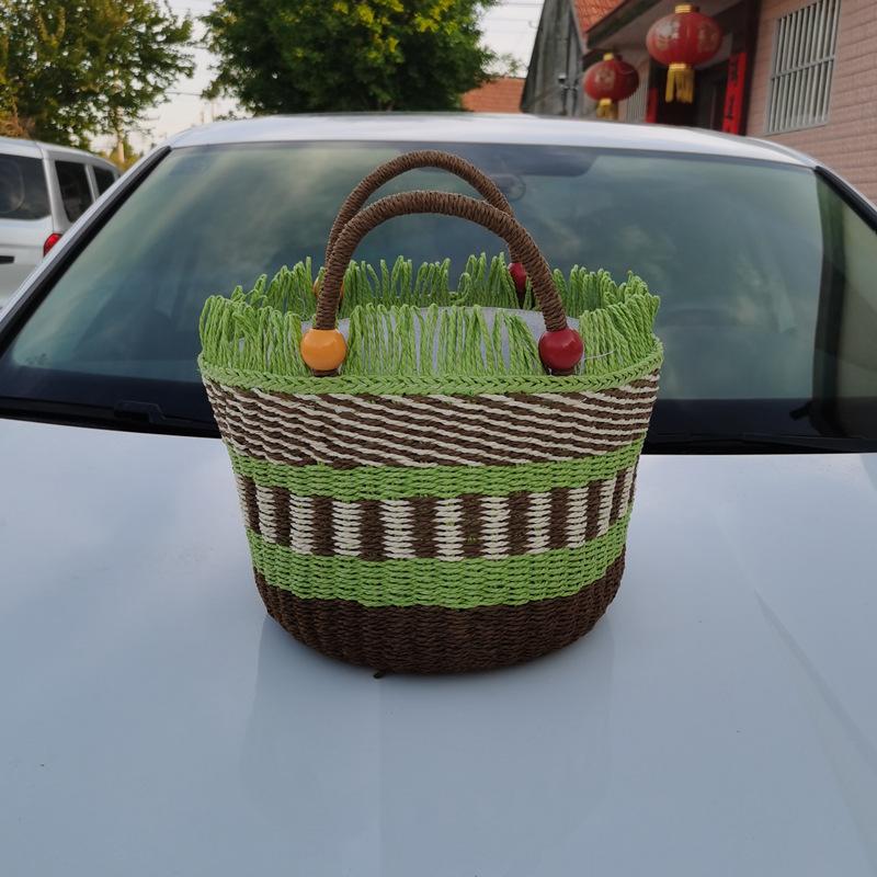 2023 Handmade Woven Straw Bucket Bag: Cute Picnic Basket with Tassel and Wood Bead Decoration