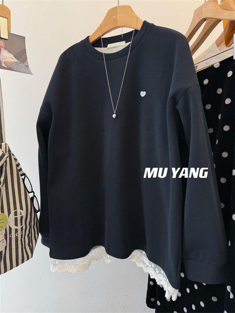 Women's Korean Lace Trim Round Neck Fleece Sweatshirt - Winter Mid-Length Loose Fit