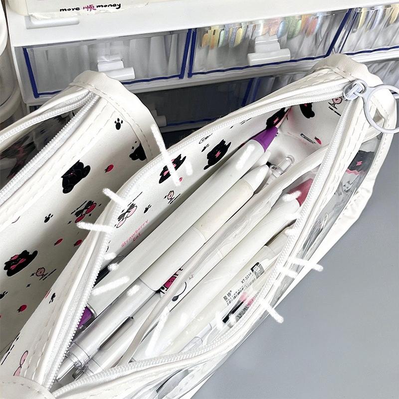 Cute Black Small Cat Translucent Pencil Case Storage Bag Large Capacity Stationery Pouch Gifts