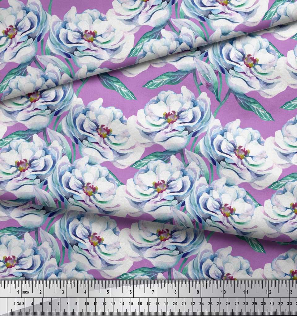 Soimoi Green Japan Crepe Satin Fabric Leaves & Blooming Camellias Floral Print Sewing Fabric Metre 42 Inch
