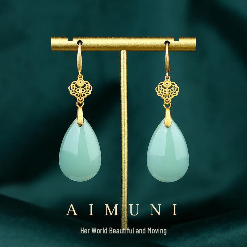 925 Sterling Silver Ruyi Water Drop Jade Earrings - Versatile Hollow Inlaid Design for Women