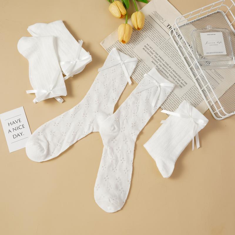 Bowknot Thin Lolita Mid-tube Socks for Women Spring Summer Side Ribbon Love Hollow Mesh Cream Color Pile Socks