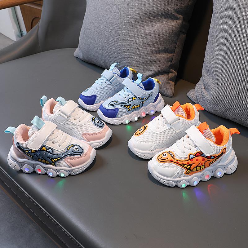 Beliebte Kinder-Dinosaurier-LED-Licht-Sneaker - Atmungsaktive Slip-on-Schuhe aus Mesh für Frühling & Herbst