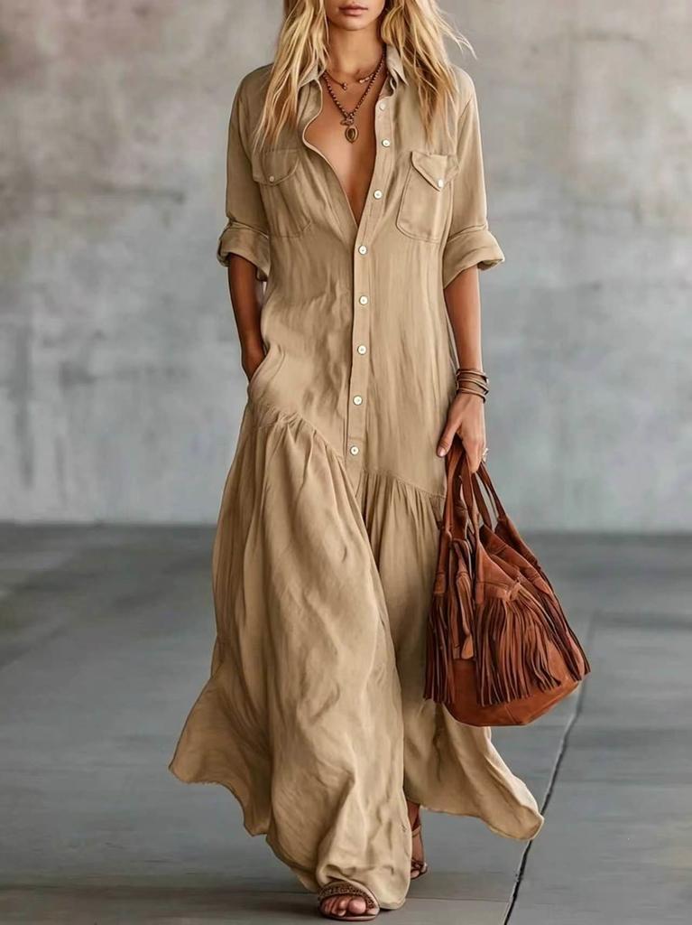 Europäisches und amerikanisches langes Hemdkragen-Knopf-Mode-Spleißtaschen-Kleid