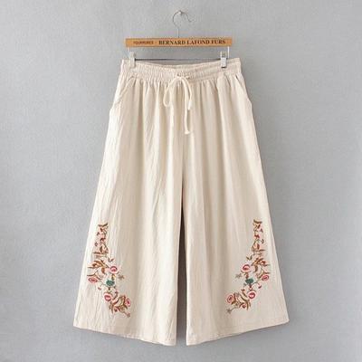 Bahar Kadın Geniş Paça Pantolon Moda Yaz Rahat Düz Nakış Düz Kol Yüksek Bel Gevşek Bağcıklı Cepli Pamuklu Pantolon