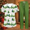 Women's Uniform Set with Short Sleeve Christmas Print Top and Pants, Two Piece Caregiver with Pockets