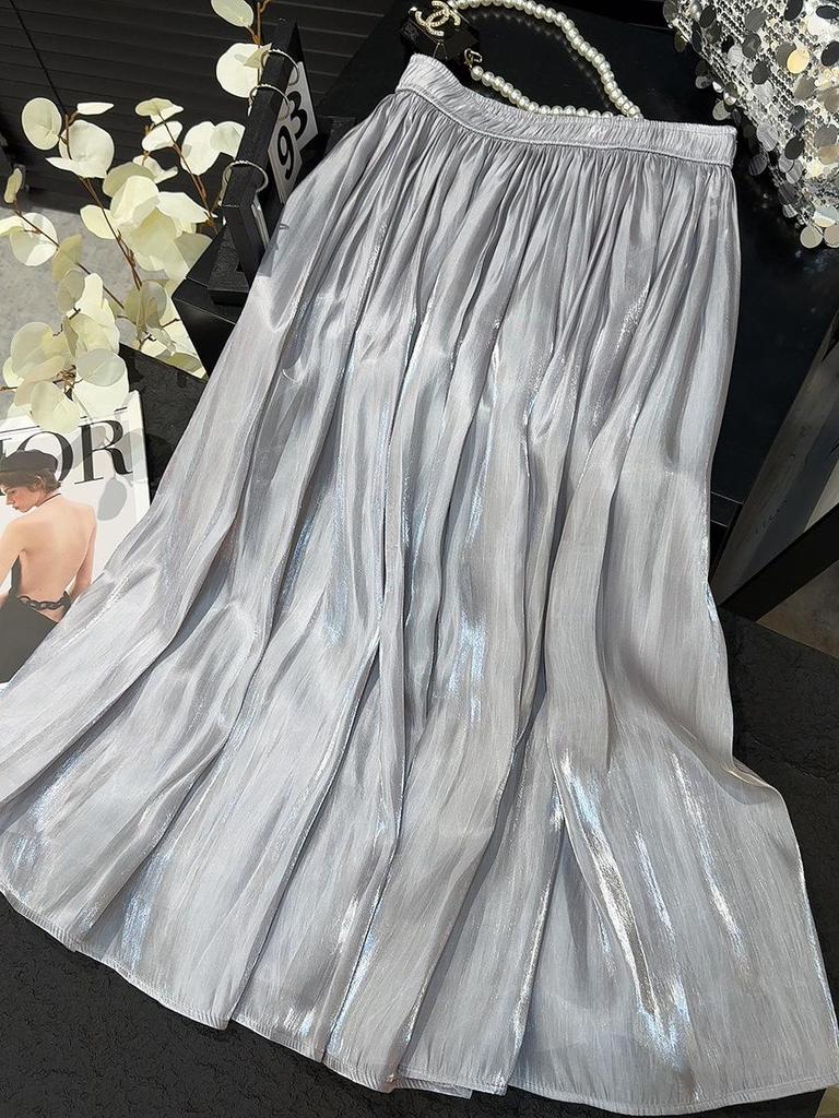 High-Waisted Retro Pleated A-Line Chiffon Skirt with Pearlescent Sheen