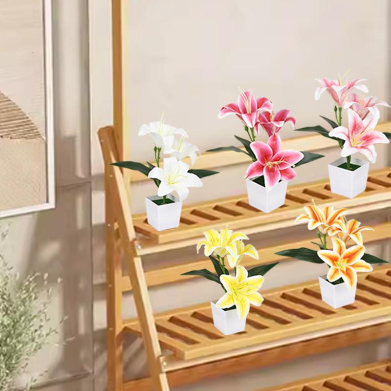 Artificial Lily Potted Bonsai Fake Lily with Leaf Potted Plant Wedding Flower Arrangement Props Home Decoration Party Decor