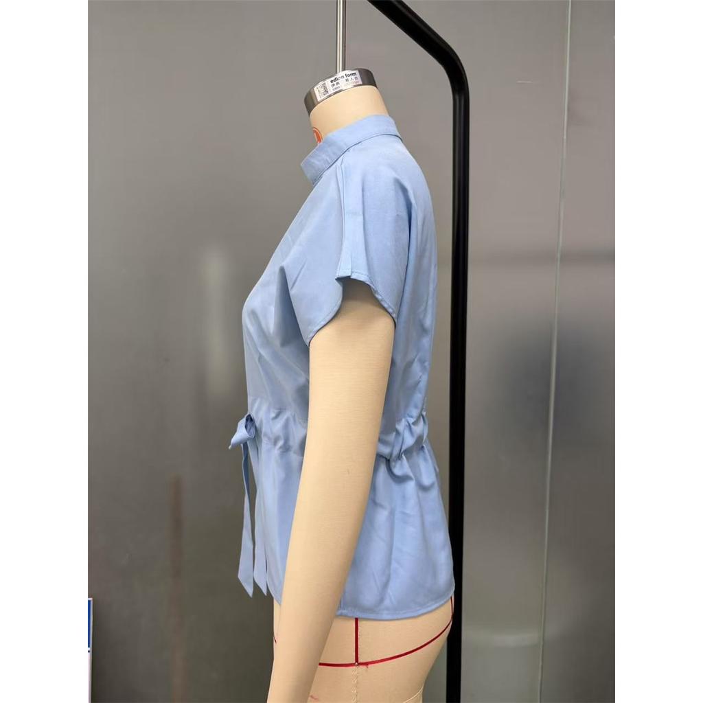 Camicie estive da donna Manica corta Chiffon Scollo a V Bottoni Elegante Cintura Camicia