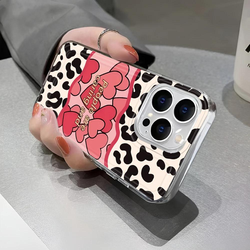 INS Leopard Print Love Phone Case For iPhone 13 15 11 14 12 16 Pro Max 7 Plus 16e XR XS Max SE 2022 Soft TPU Transparent Cover