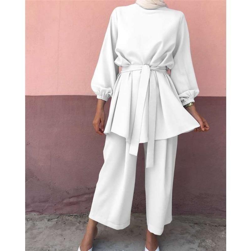 Women's Puff Sleeve Belted Blouse Wide Leg Pants Set Solid Color Casual Two Piece Outfit Islamic Modest Suit