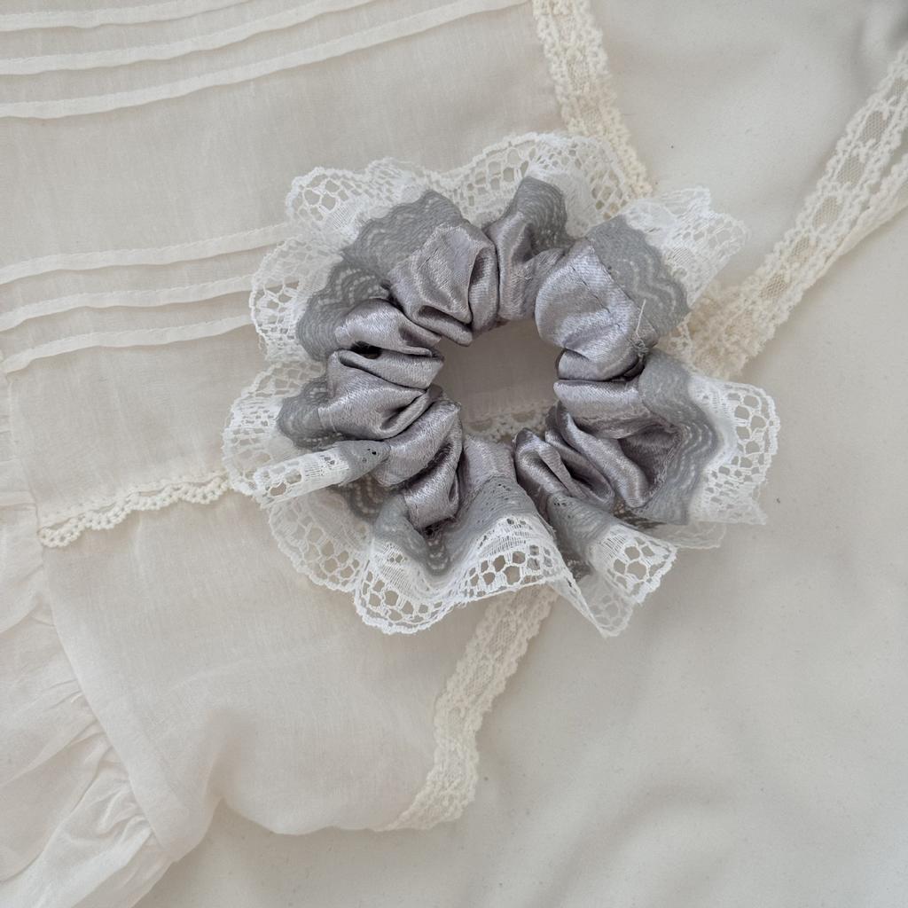 Silver Glossy Fabric Hair Band Retro Square Scarf Bow Lace Edge Large Intestine Ring Texture Hair Accessories New Headband Adult