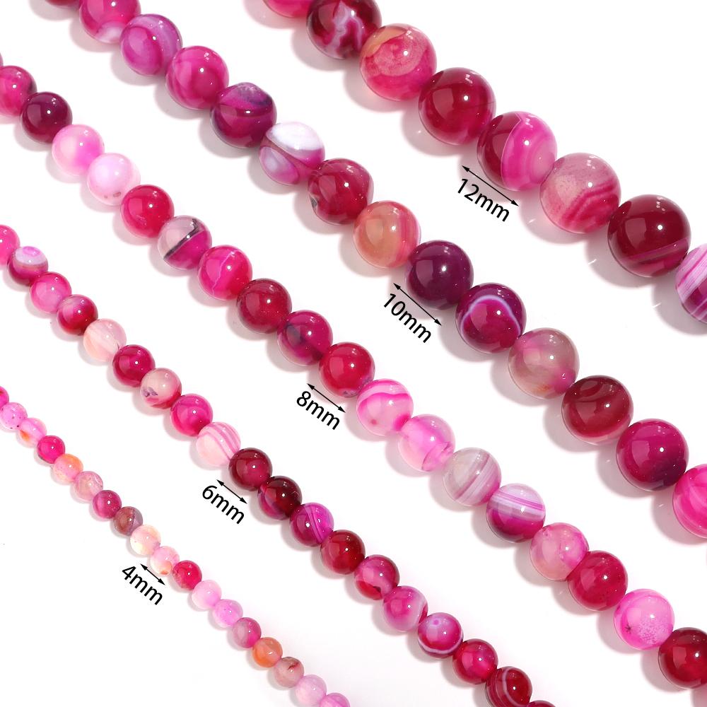4/6/8/10/12mm Heißes Pink Natürliche Streifenachatsteinperlen Runde Edelsteinlose Perlen Für DIY Schmuckherstellung Armbänder Halskette