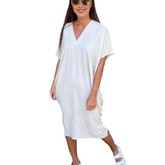 Dámské letní šaty s výstřihem do V, pytlovité, volné, tenké, s krátkým rukávem, rychleschnoucí, áčkové, délka do poloviny lýtek, ležérní, denní nošení, midi šaty
