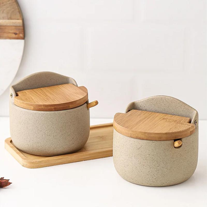 Japanese Ceramic Seasoning Jar Set Bamboo Lid Spice Jar with Spoon Household Kitchen Sugar Salt Spices Storage Box Container