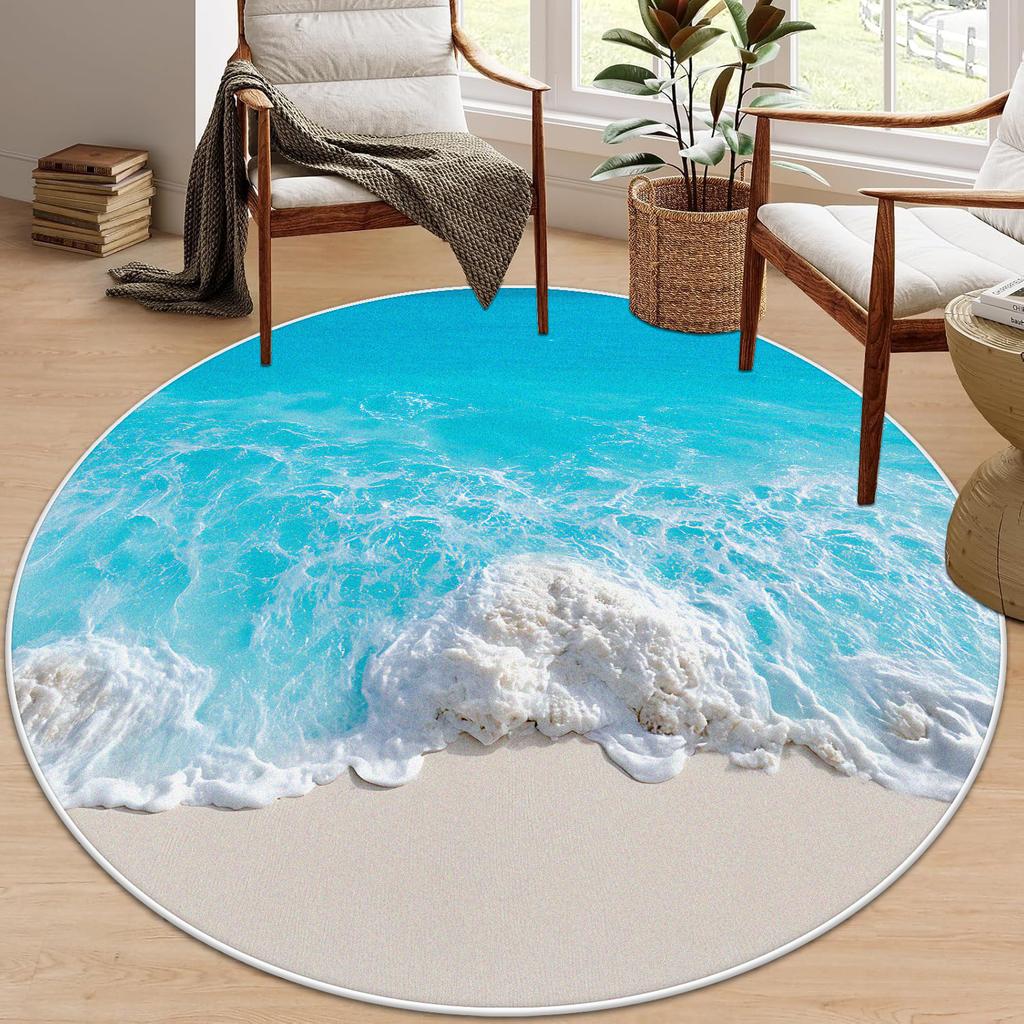 3D Beach Round Carpet Living Room Decoraiton Modern Light Luxury Large Room Lounge Rug Bedroom Decor Soft Fluffy Study Chair Mat