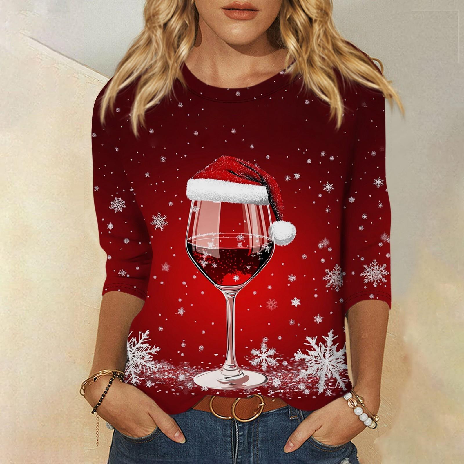 

Женская мода, повседневная свободная футболка с рождественским принтом и круглым вырезом, рукав 3/4, женский топ XL винный