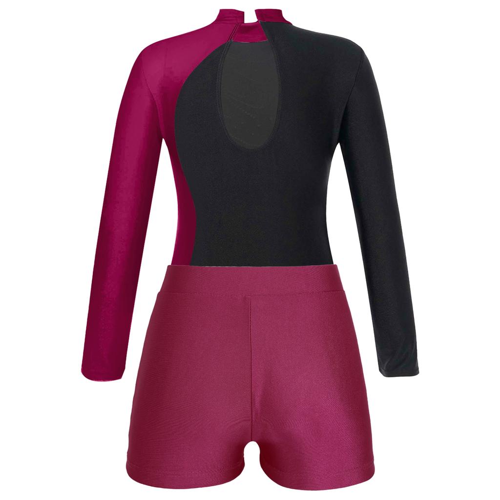 Kids Girls Gymnastics Skating Long Sleeve Leotard Jumpsuit with Shorts Dancewear